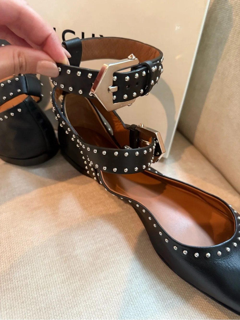 Givenchy Black Studded Leather Strappy Square-Toe Flats